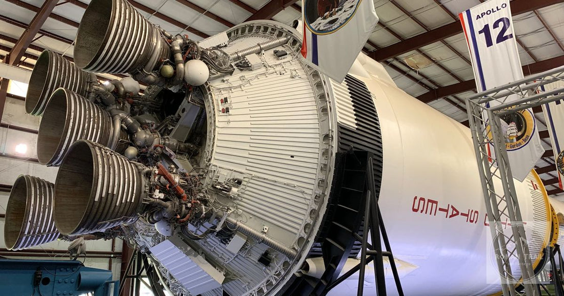 Close-up of Apollo 12 rocket engine on display at Space Center Houston.