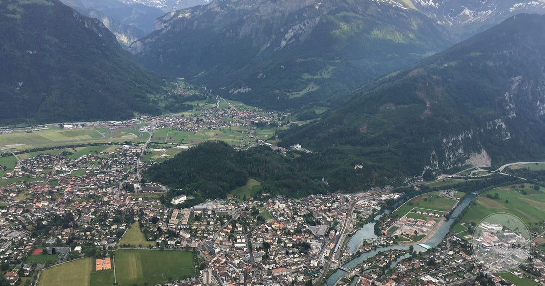 Aerial view of Interlaken surrounded by the Swiss Alps, Switzerland