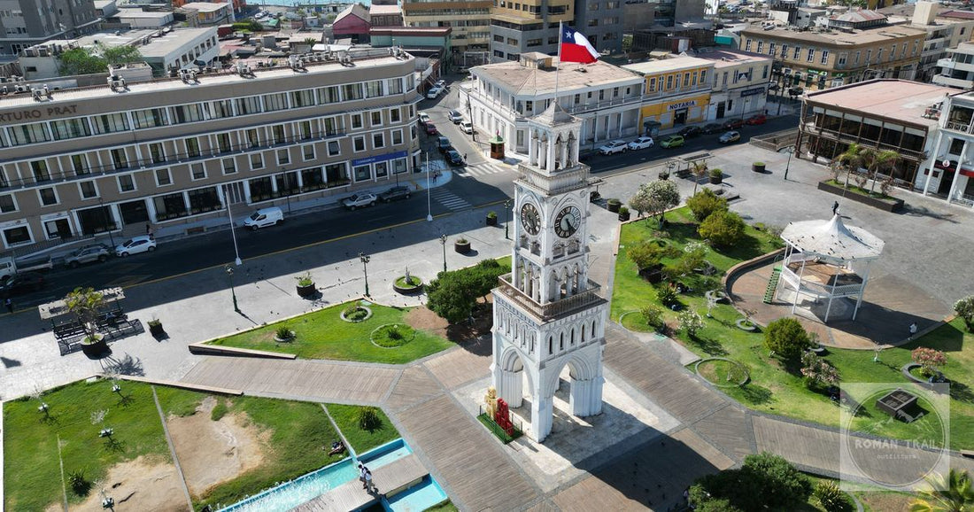 The clock tower on Plaza Prat seen from above in Iquique, Chile