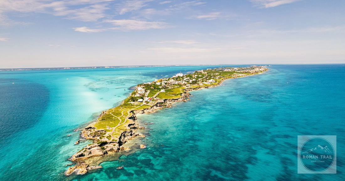 An aerial view of turquoise water off Isla Mujeres, Mexico