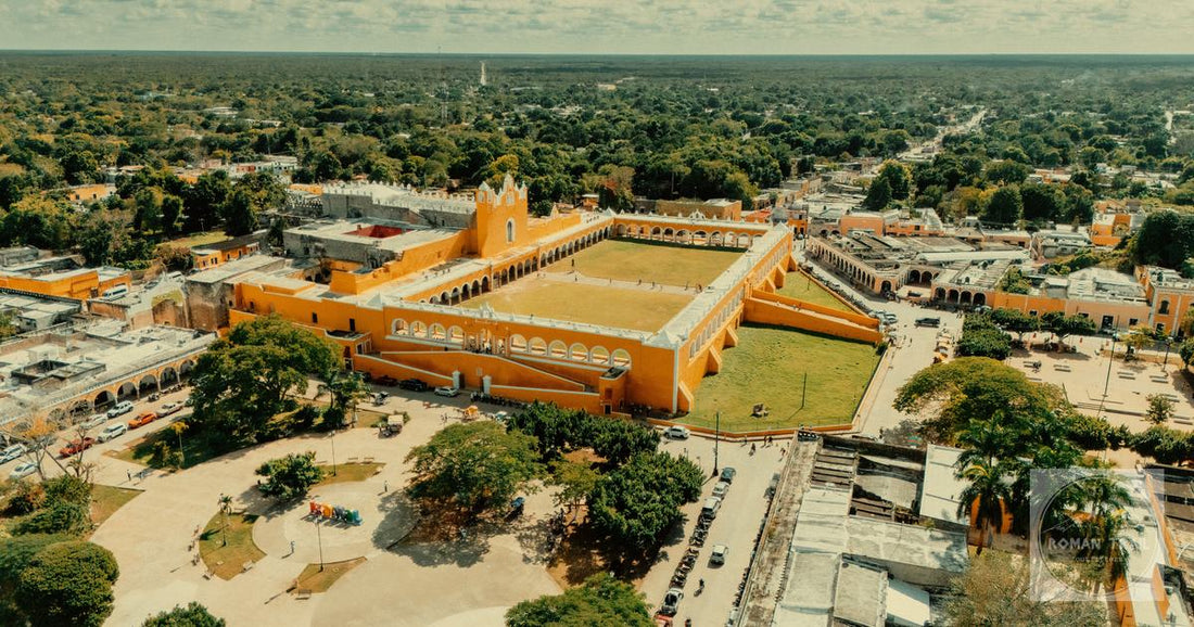 Stunning aerial view of the iconic yellow Convento de San Antonio de Padua in Izamal, Mexico.