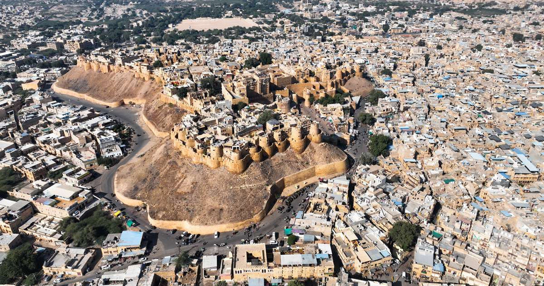 Aerial view of Jaisalmer Fort rising from the Thar desert, India