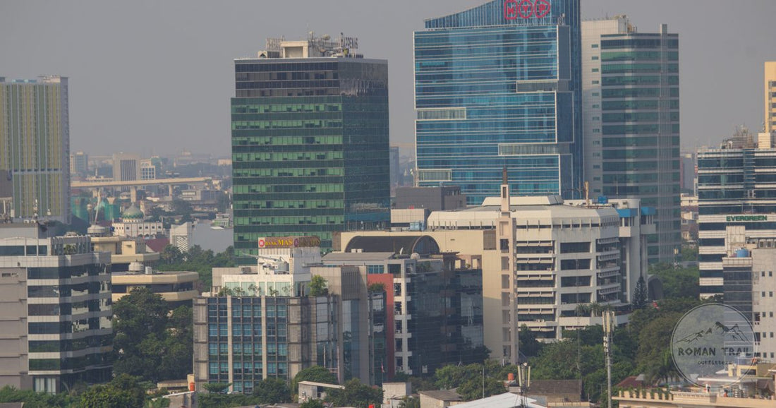 Aerial view of the Jakarta skyline and its high rise towers, Jakarta packing list for women by Roman Trail Outfitters