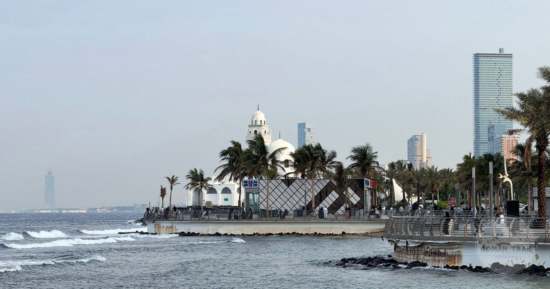 The Jeddah Corniche with palm trees and ocean waves, Saudi Arabia