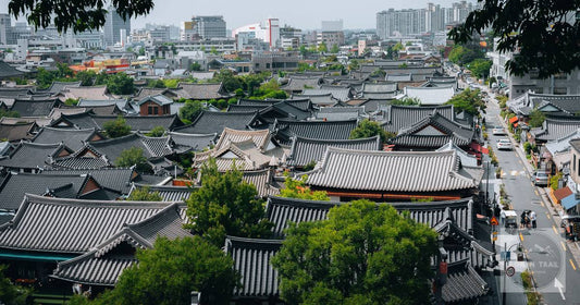 The tiled rooftops of Jeonju Hanok Village in South Korea from above