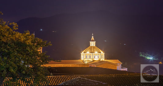 The illuminated cathedral at night in Jerico Antioquia Colombia