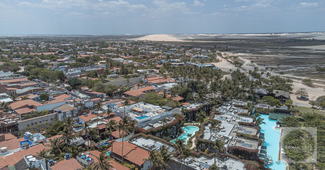 Dunes, palms and freshwater pools at Jericoacoara from above, Brazil
