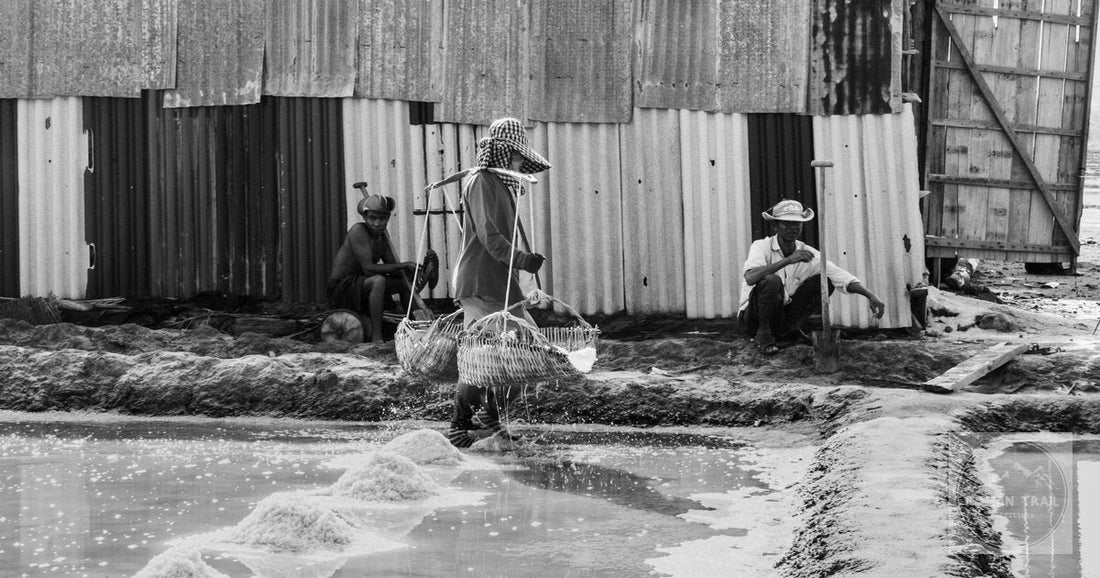 Workers processing salt at a farm near Kampot, Cambodia