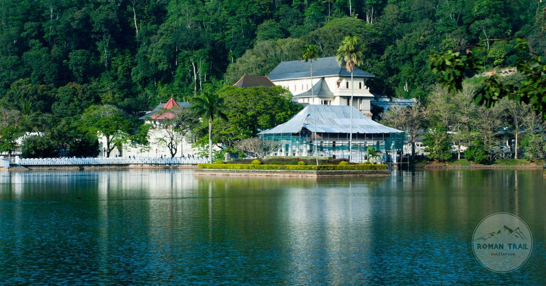 Kandy Lake and the Temple of the Tooth among green hills, Sri Lanka