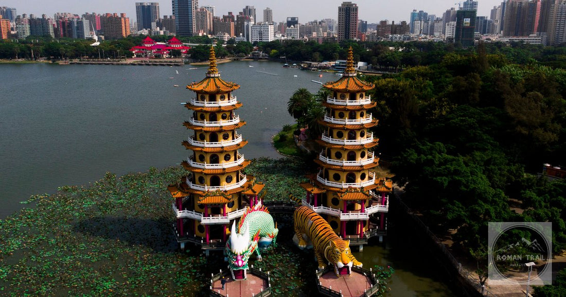 The Dragon and Tiger Pagodas on Lotus Pond at Kaohsiung from the air, entered through the dragon and left through the tiger.