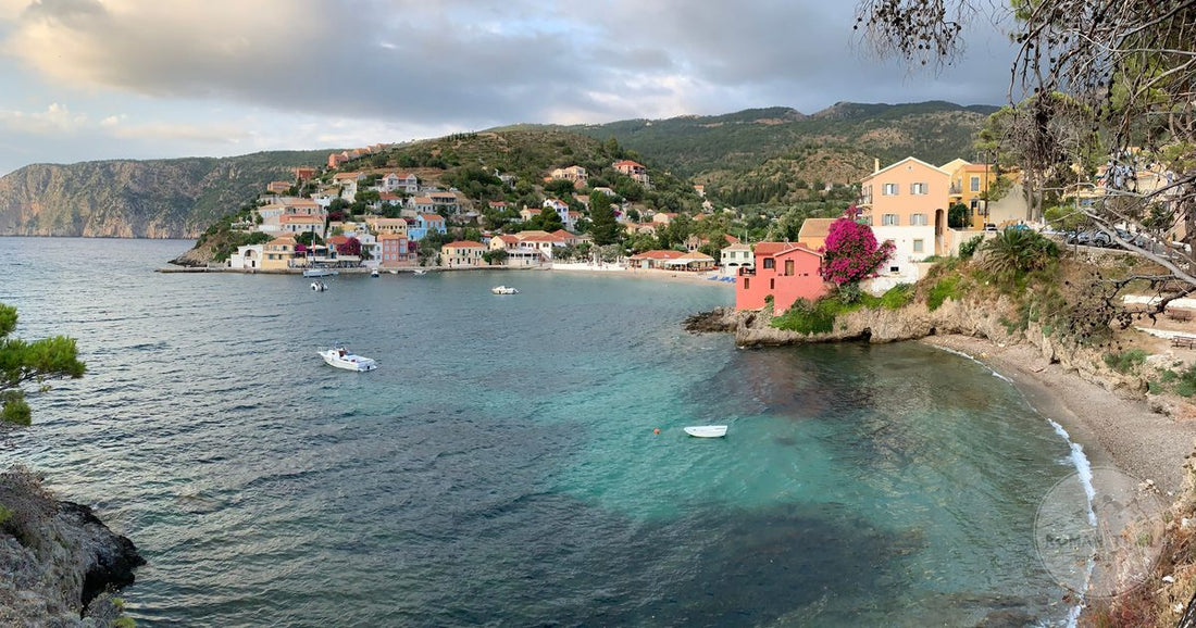 The village of Asos on its headland above the sea in Kefalonia, Kefalonia packing list for women by Roman Trail Outfitters