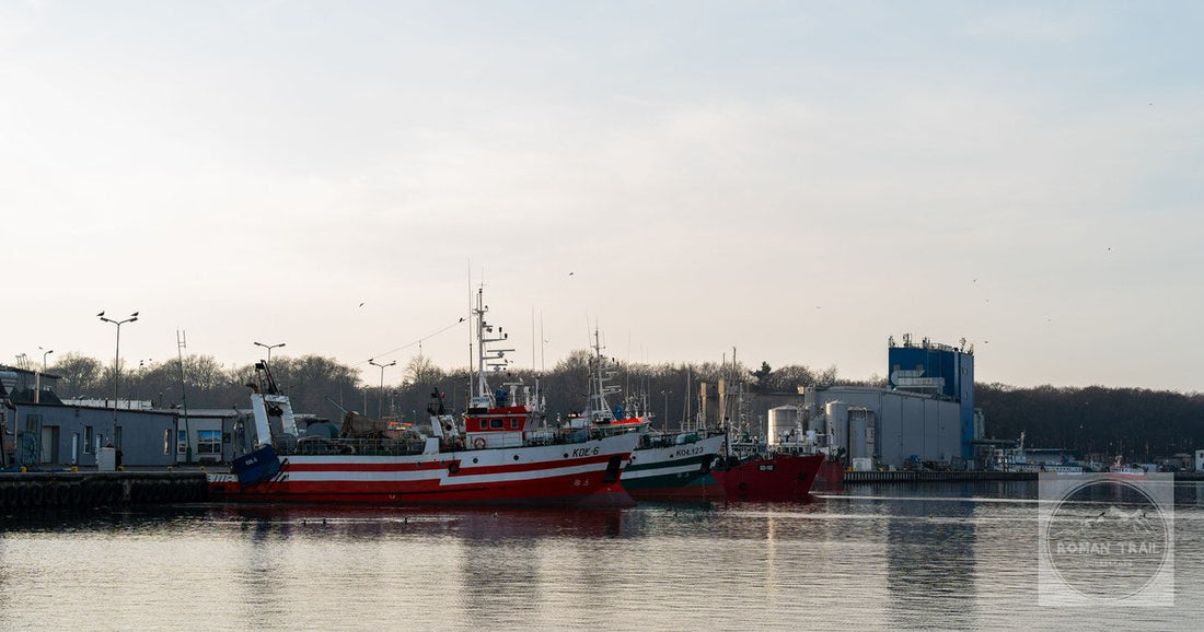 Fishing boats moored in the harbour at Kolobrzeg, Poland, on the Baltic coast.