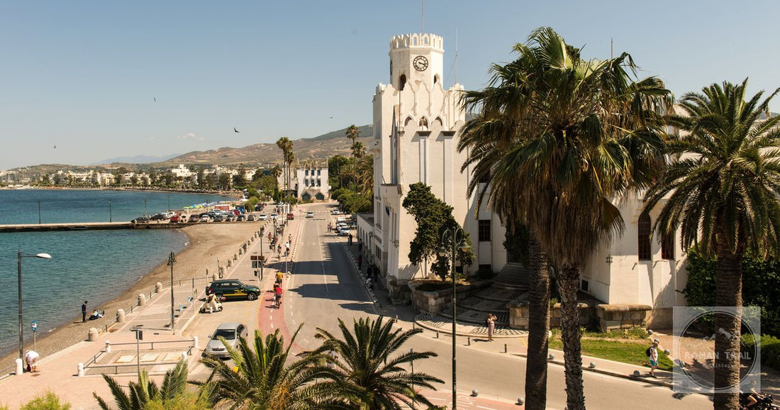 A street of palm trees and old buildings in Kos town, Greece