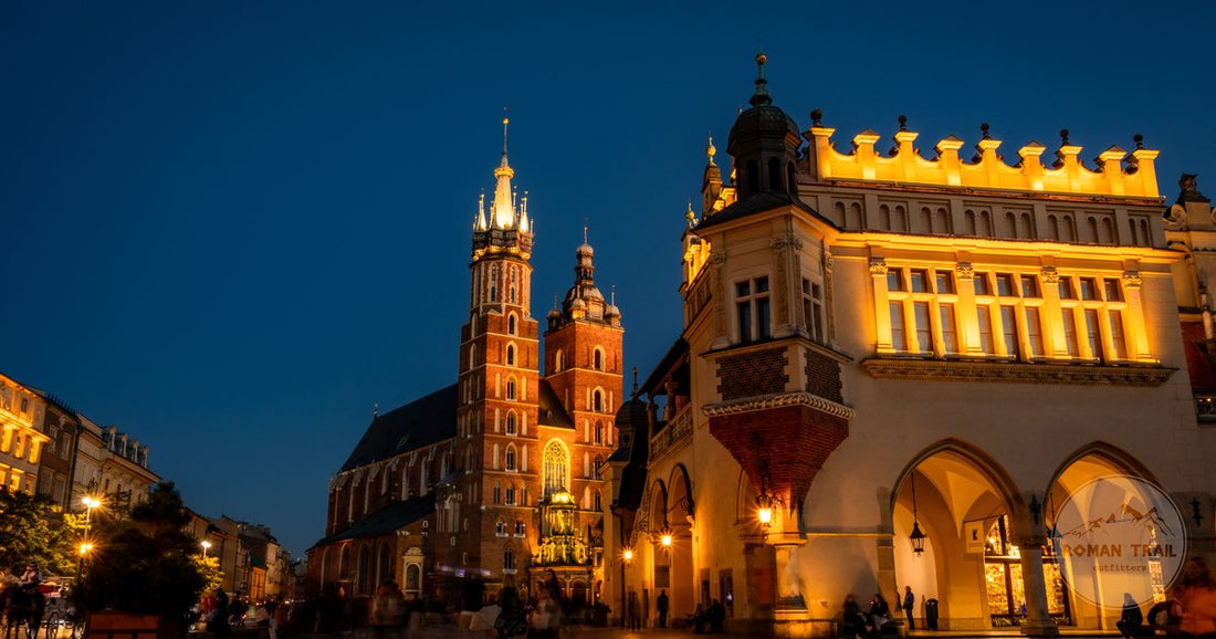 St Mary's Basilica and the Cloth Hall on the Rynek Glowny at night, Krakow packing list for women by Roman Trail Outfitters