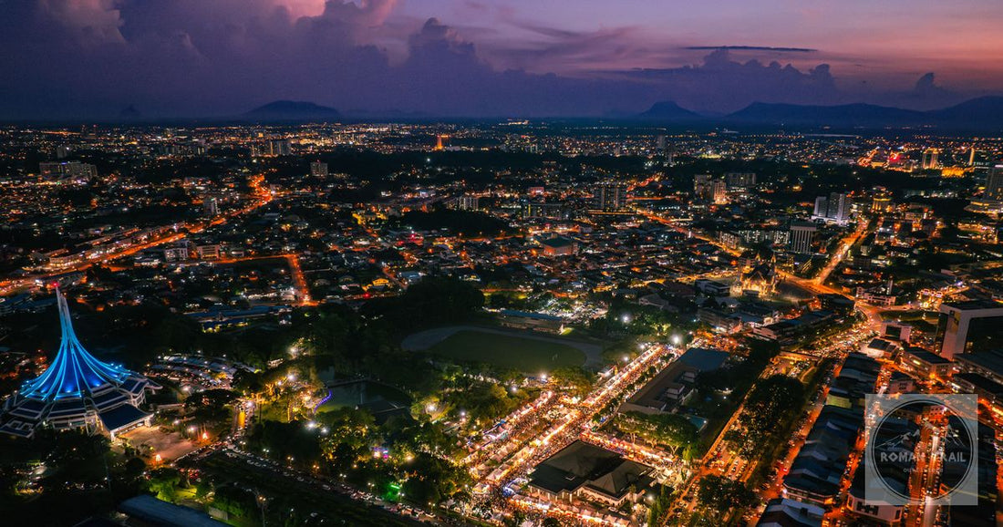 Kuching lit up at night from the air in Sarawak Malaysia