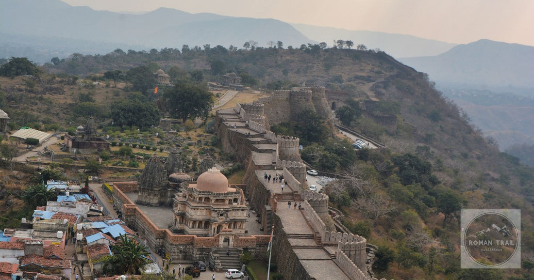 A stunning aerial view of the historic Kumbhalgarh Fort, showcasing its winding ramparts in Rajasthan, I