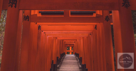 Fushimi Inari torii gate tunnel at golden hour, Kyoto packing list for women by Roman Trail Outfitters