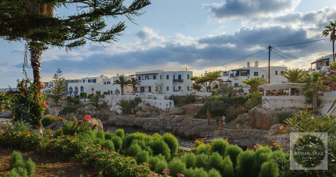 Traditional architecture and gardens above the coast on Kythira, Greece