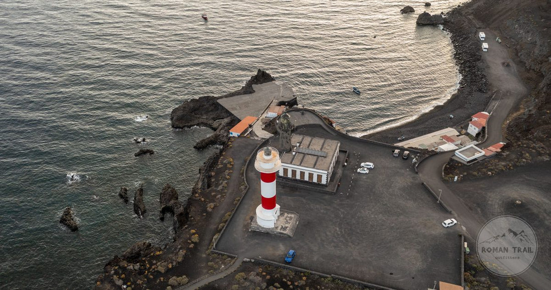 Fuencaliente Lighthouse on the rocky coast of La Palma at dusk, Canary Islands
