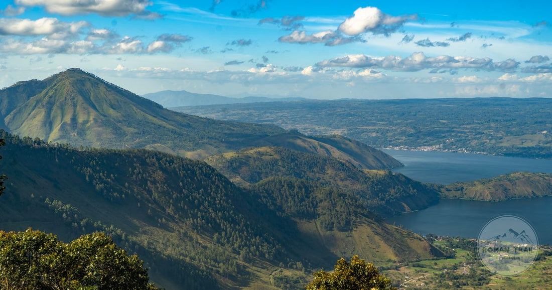 Aerial view of Lake Toba surrounded by mountains, North Sumatra, Indonesia