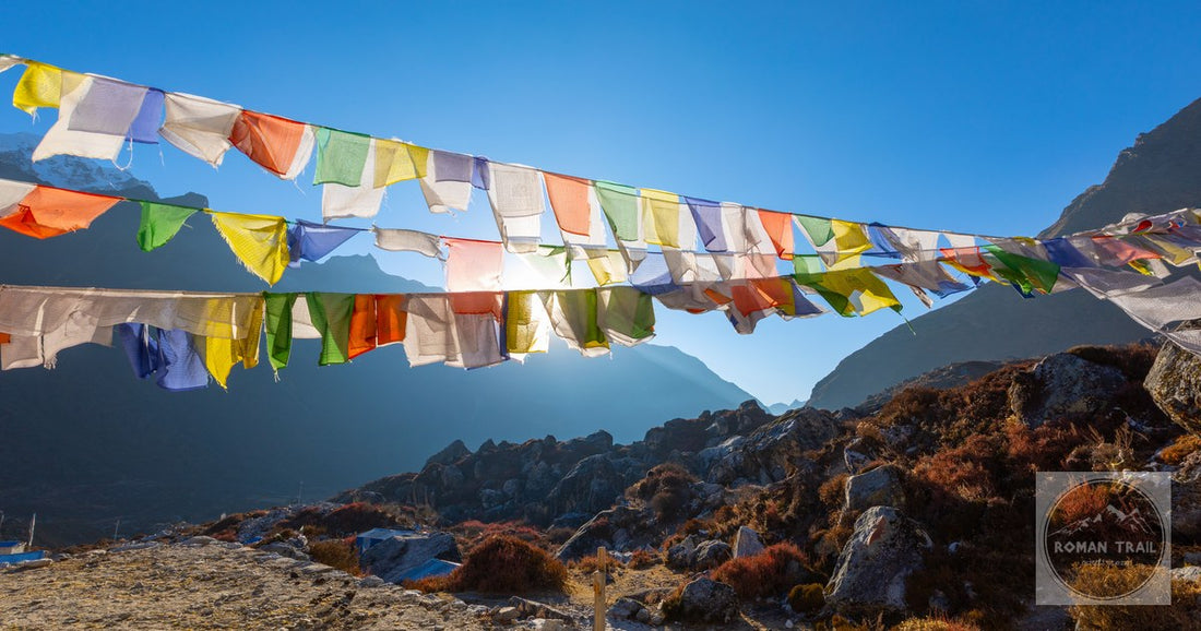 Prayer flags under a blue sky in the Langtang valley, Nepal
