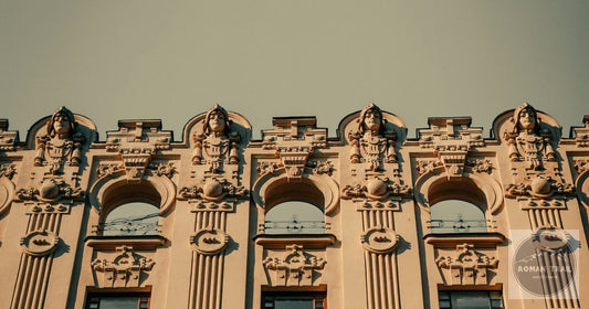 Riga Art Nouveau building facade at golden hour