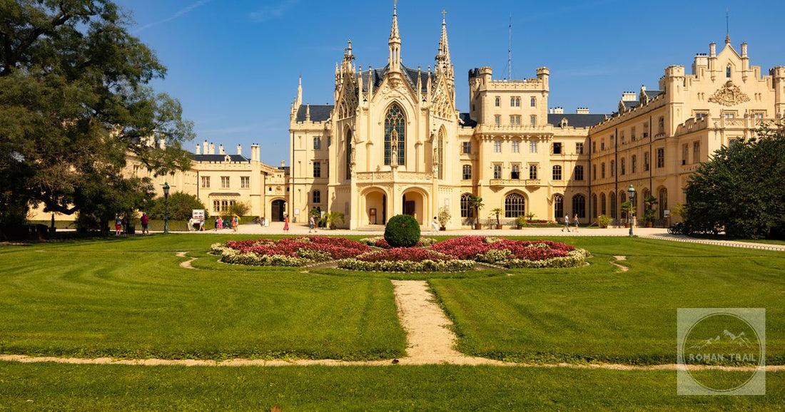 Lednice Chateau and its gardens under a clear sky, Czechia