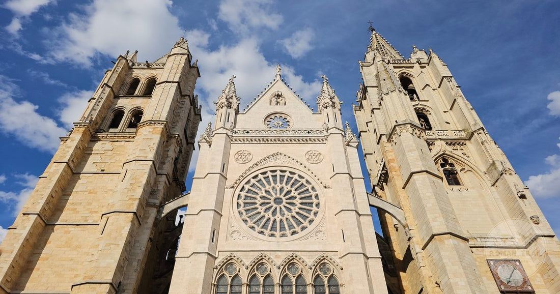 The facade and towers of Leon Cathedral on a clear day, Spain