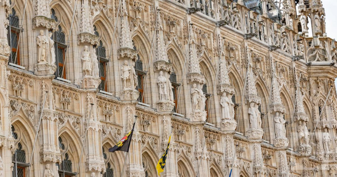 The ornate Gothic facade of Leuven Town Hall, Belgium