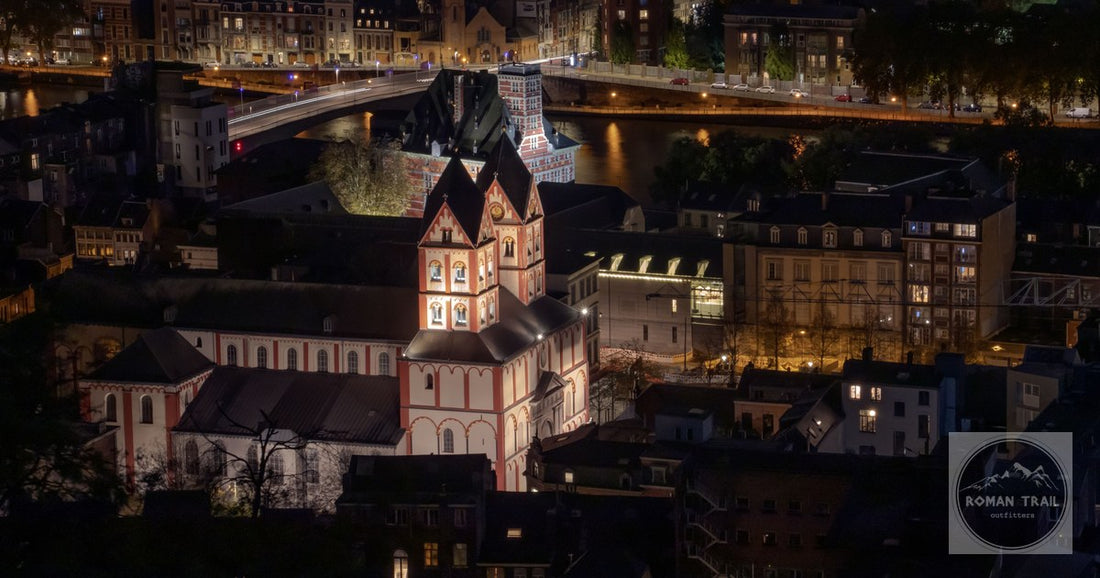 Liege Cathedral illuminated at night, Belgium