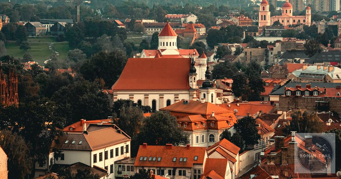 Vilnius old town baroque rooftops at golden hour