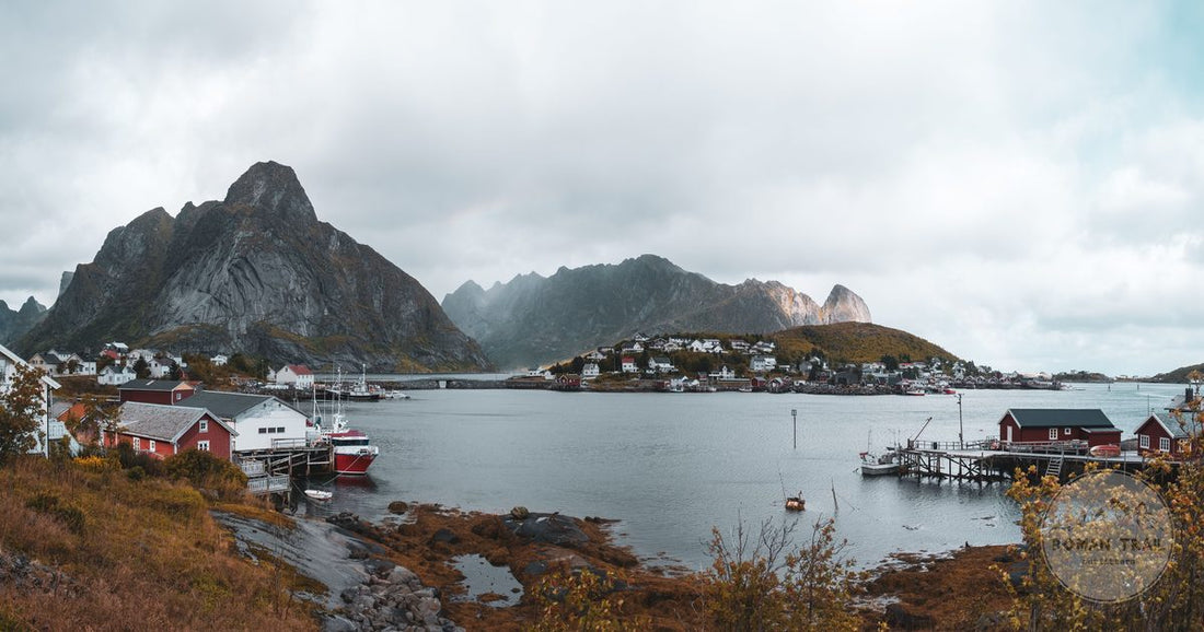 Red cabins and mountains at Reine in the Lofoten Islands, Norway