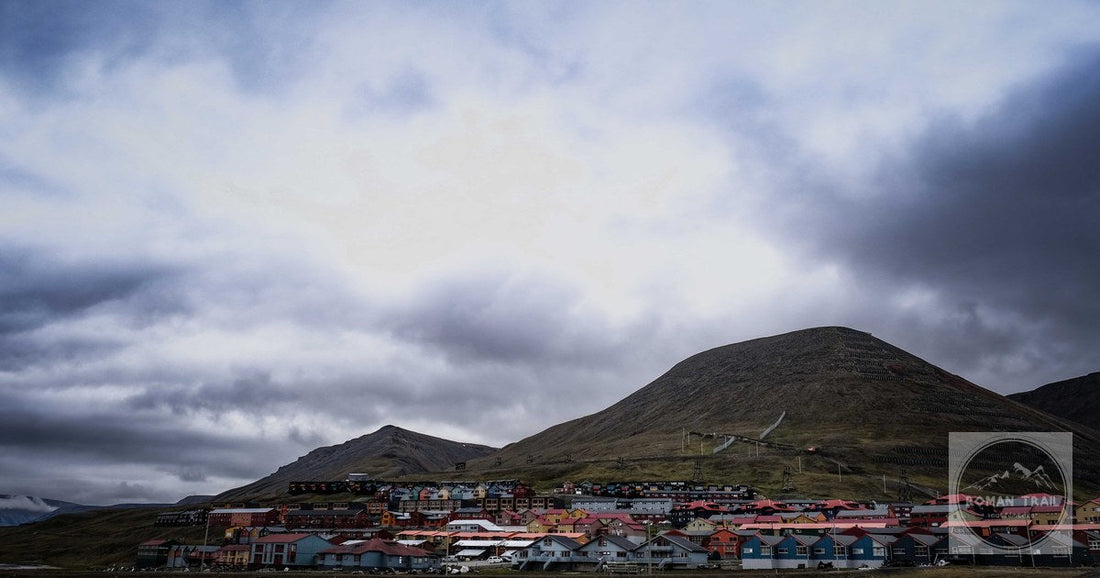 The coloured houses of Longyearbyen below the Arctic mountains, Svalbard