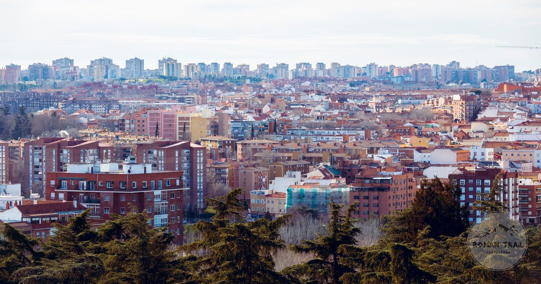 Aerial view of the Madrid cityscape under a clear sky, Spain