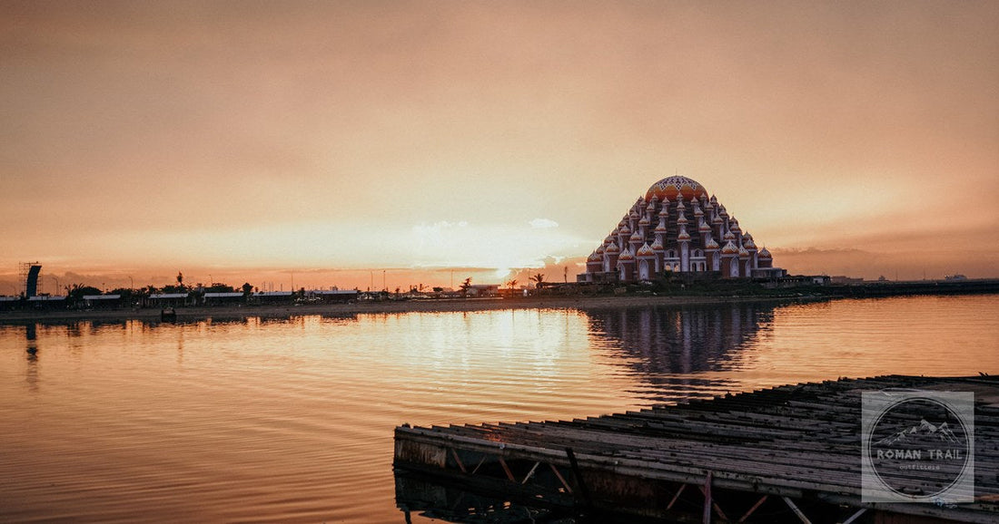 The Floating Mosque at sunset over the water at Makassar, Indonesia