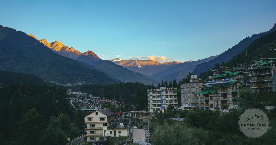 Manali town with the Himalayan mountains at sunset, Himachal Pradesh, India