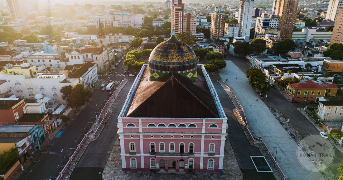Aerial view of the Teatro Amazonas opera house in Manaus at sunset, Brazil