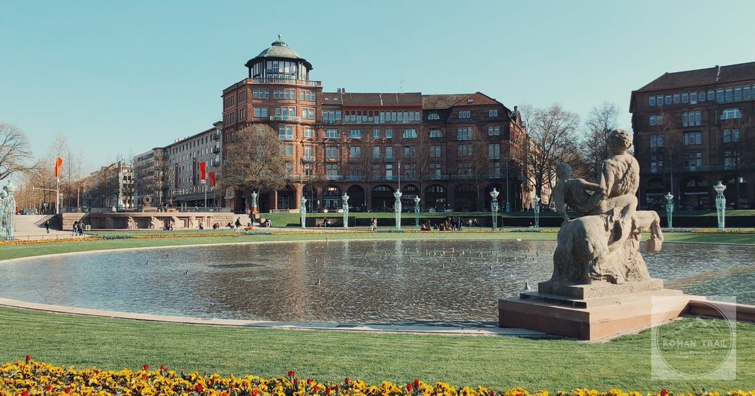 The Friedrichsplatz with its pond and historic buildings, Mannheim