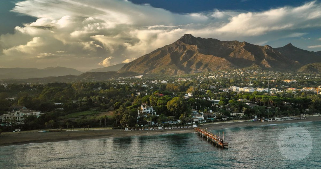 Aerial view of the Marbella coastline with mountains behind, Spain