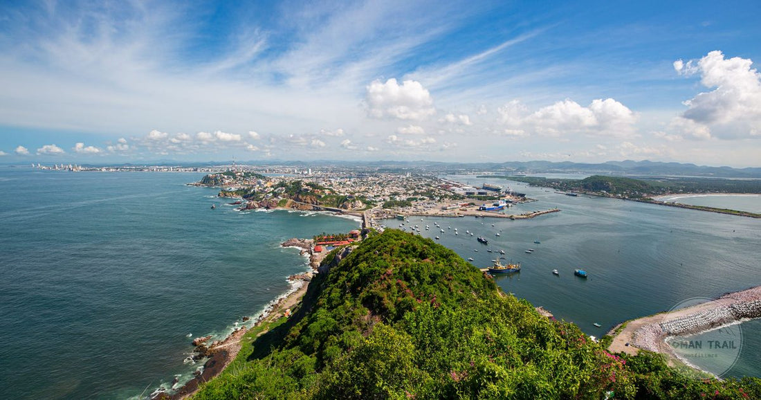 Aerial view of the Mazatlan coastline, the city and the green hills, Mexico
