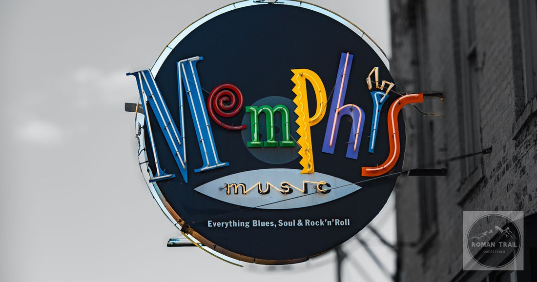Vibrant neon sign for Memphis Music on Beale Street, highlighting blues and rock'n'roll heritage.