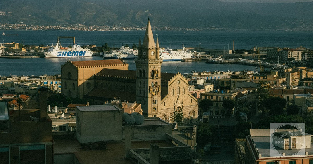 Messina Cathedral with the harbour and ferries behind it, Sicily