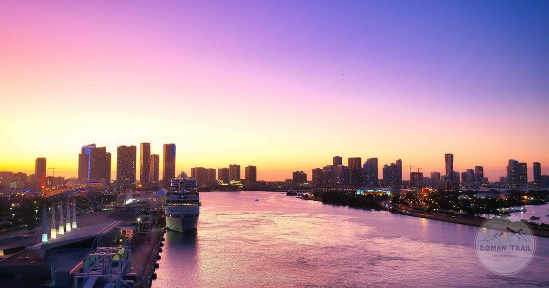 Miami skyline and Biscayne Bay at sunset, Miami packing list for women by Roman Trail Outfitters
