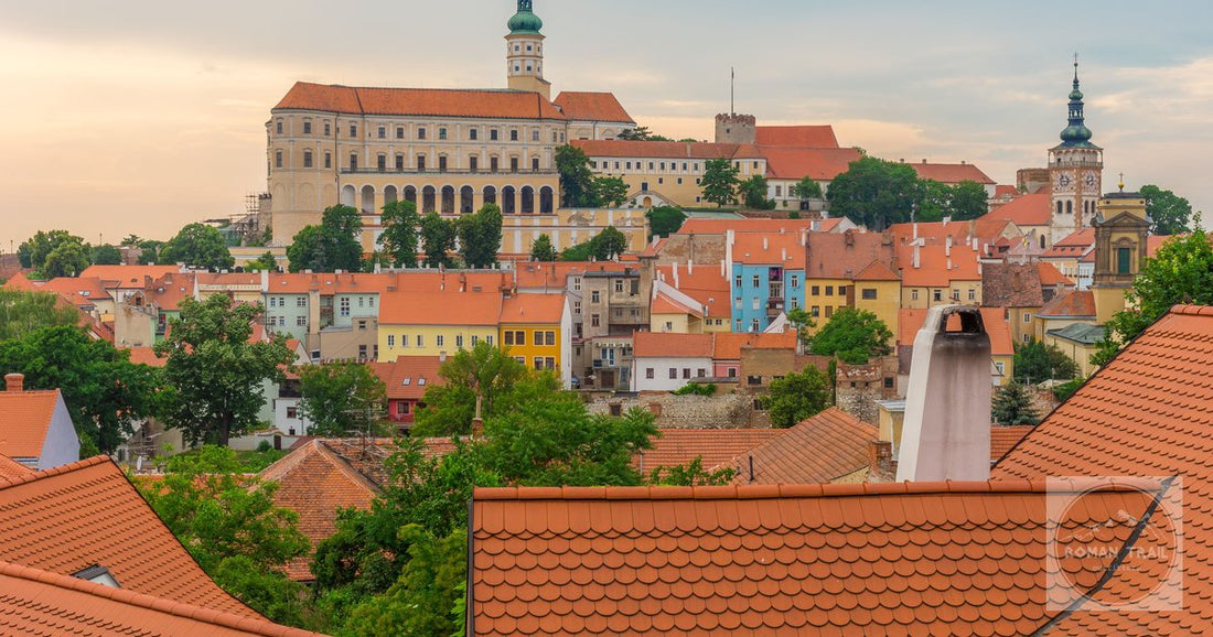 Mikulov Chateau above the colourful houses of the town, Czechia