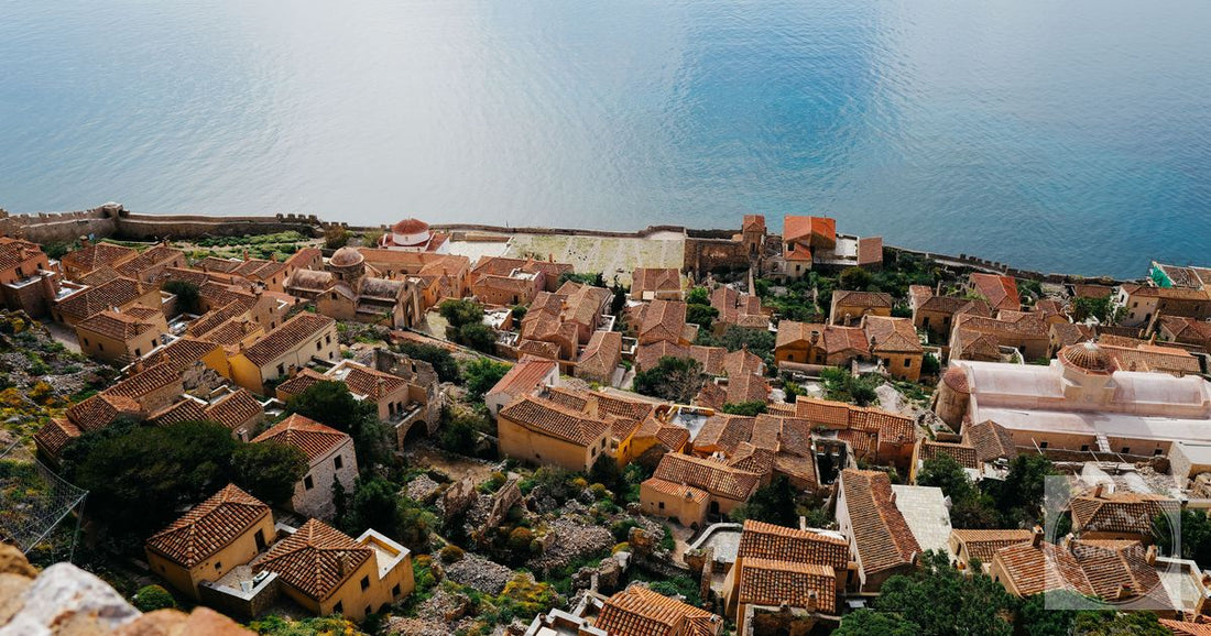 The rock and lower town of Monemvasia from the air, Peloponnese, Greece