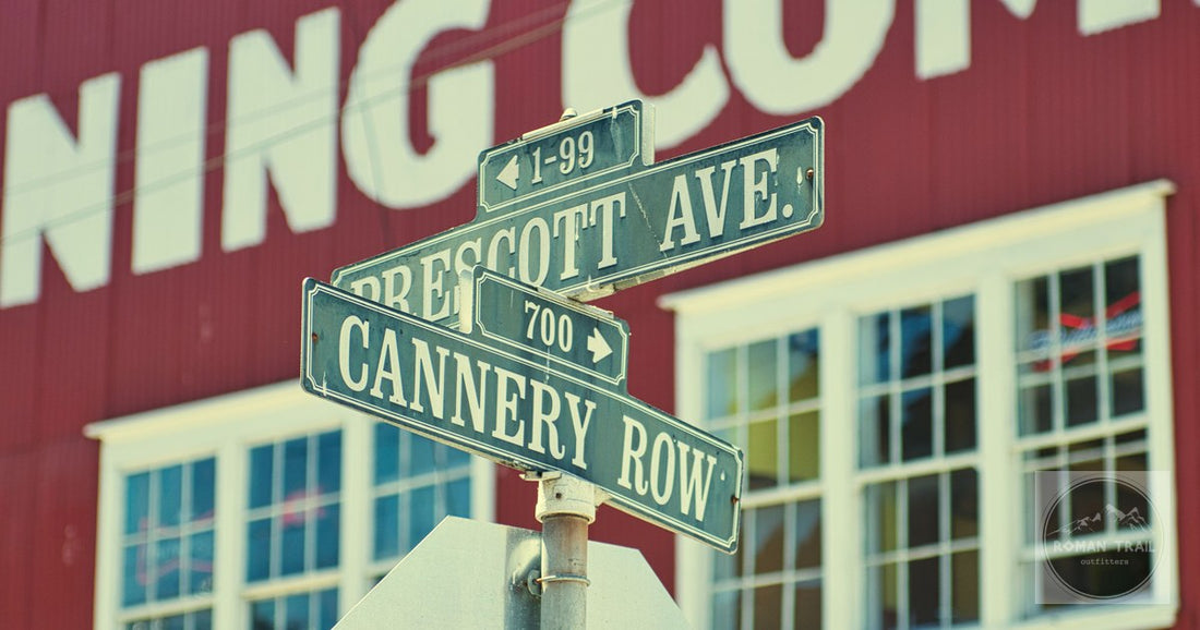 Street signs of Cannery Row and Prescott Ave in Monterey, California.