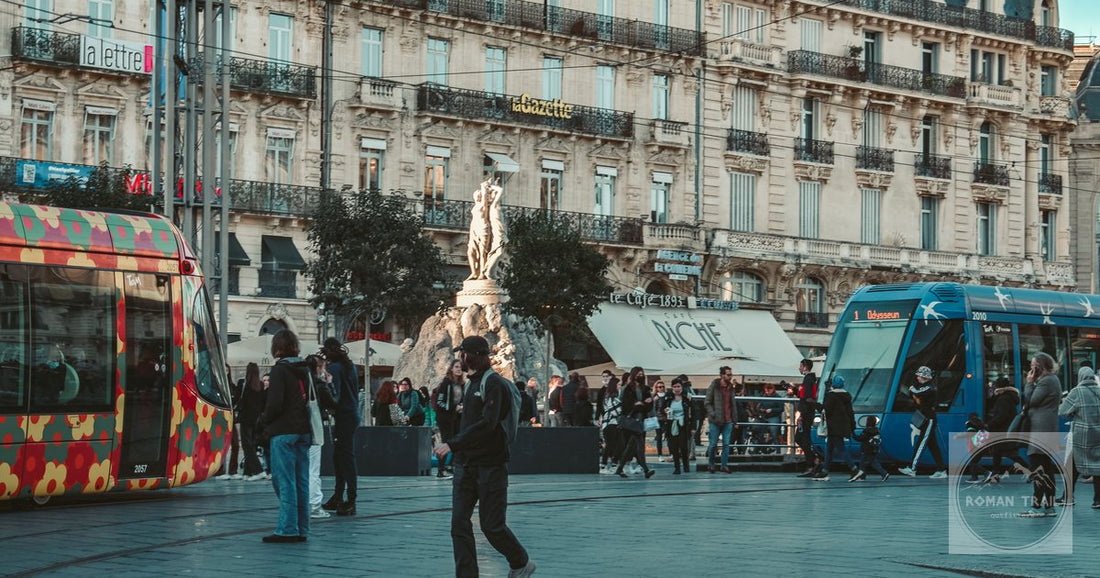 Trams and classical buildings on a street in Montpellier, France