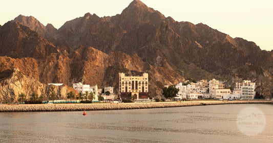 Muscat coastline with mountains and traditional Omani architecture, Oman