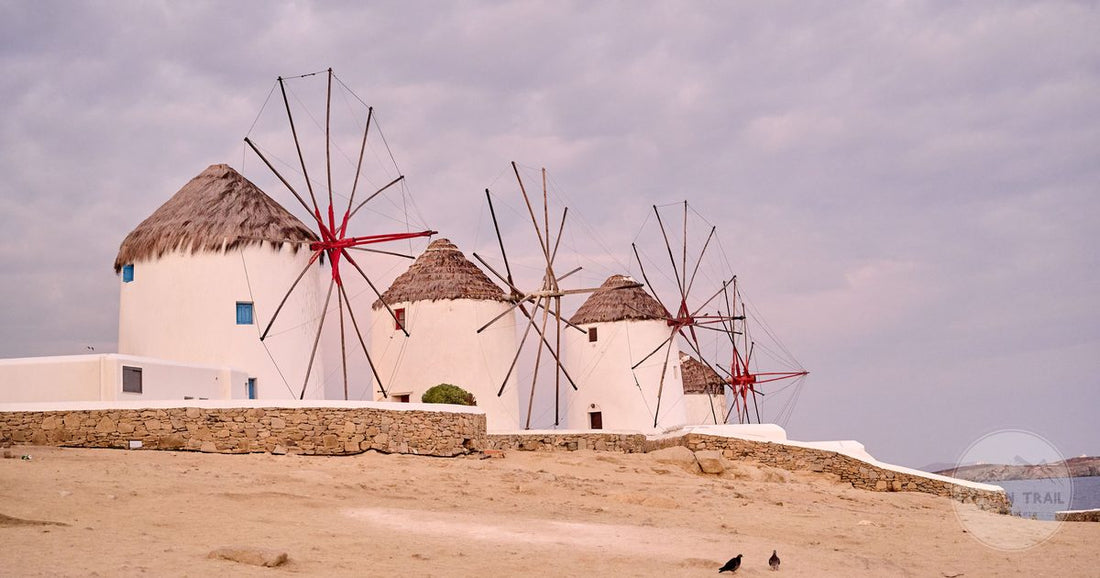 The windmills of Mykonos above the sea, Greece