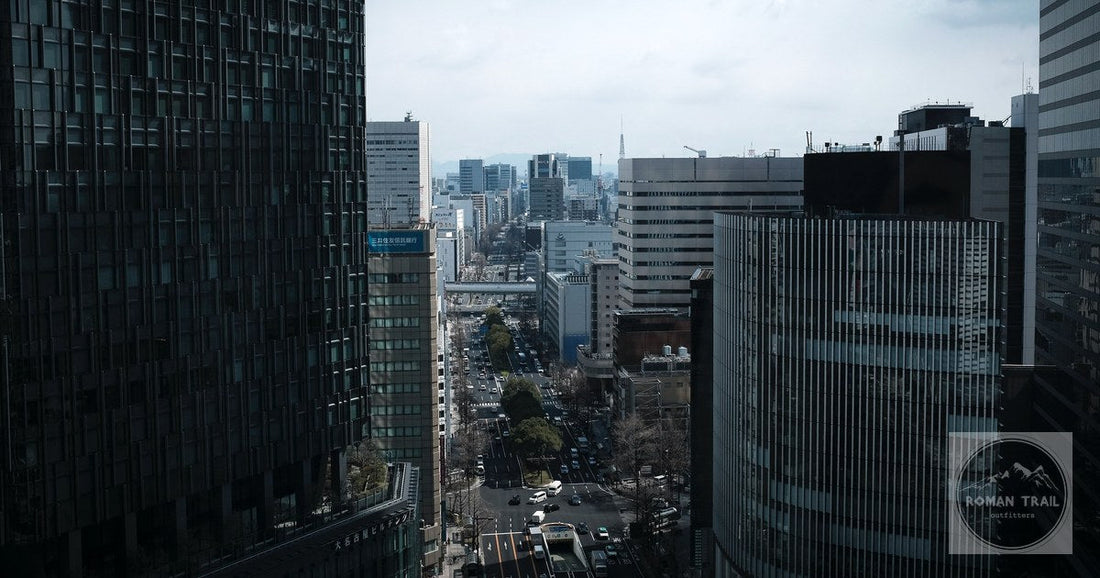 The cityscape of Nagoya with tall buildings lining the street, Japan